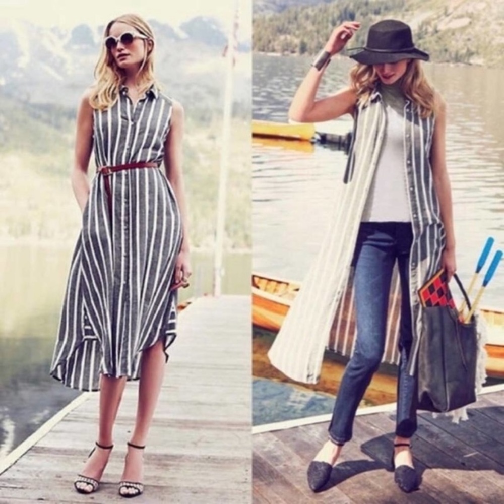 Holding Horses Anthropologie Knoxville Striped Sleeveless Midi Dress Grey White